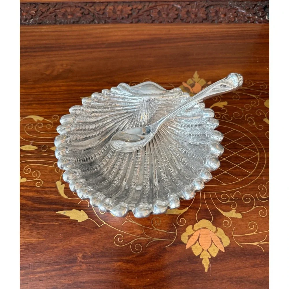 Vintage Shell Dish with‎ Spoon, Hand Cast Metal Scallop Bowl